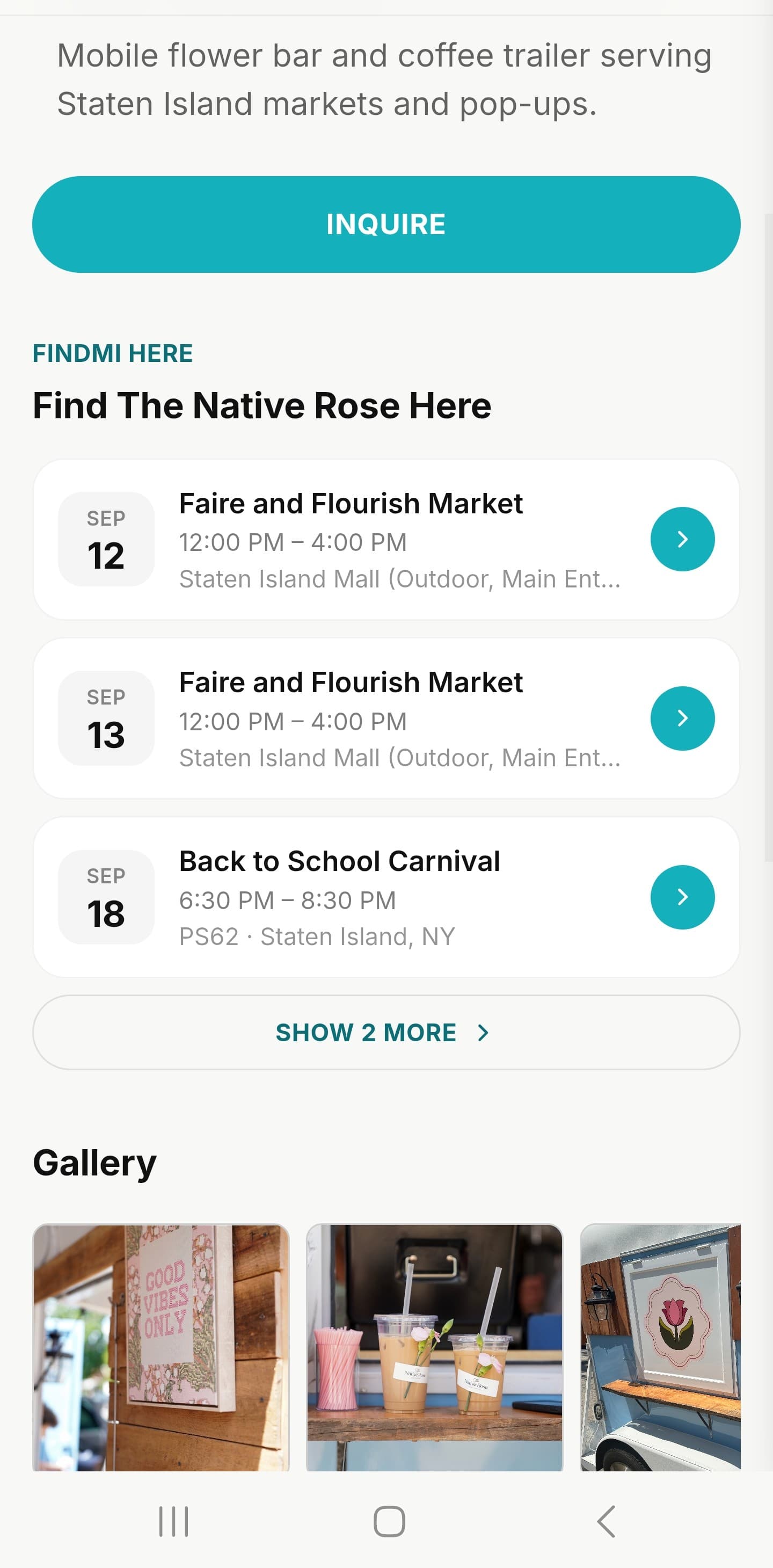 The Native Rose's Findmi Here schedule of upcoming appearances, and the start of its Gallery