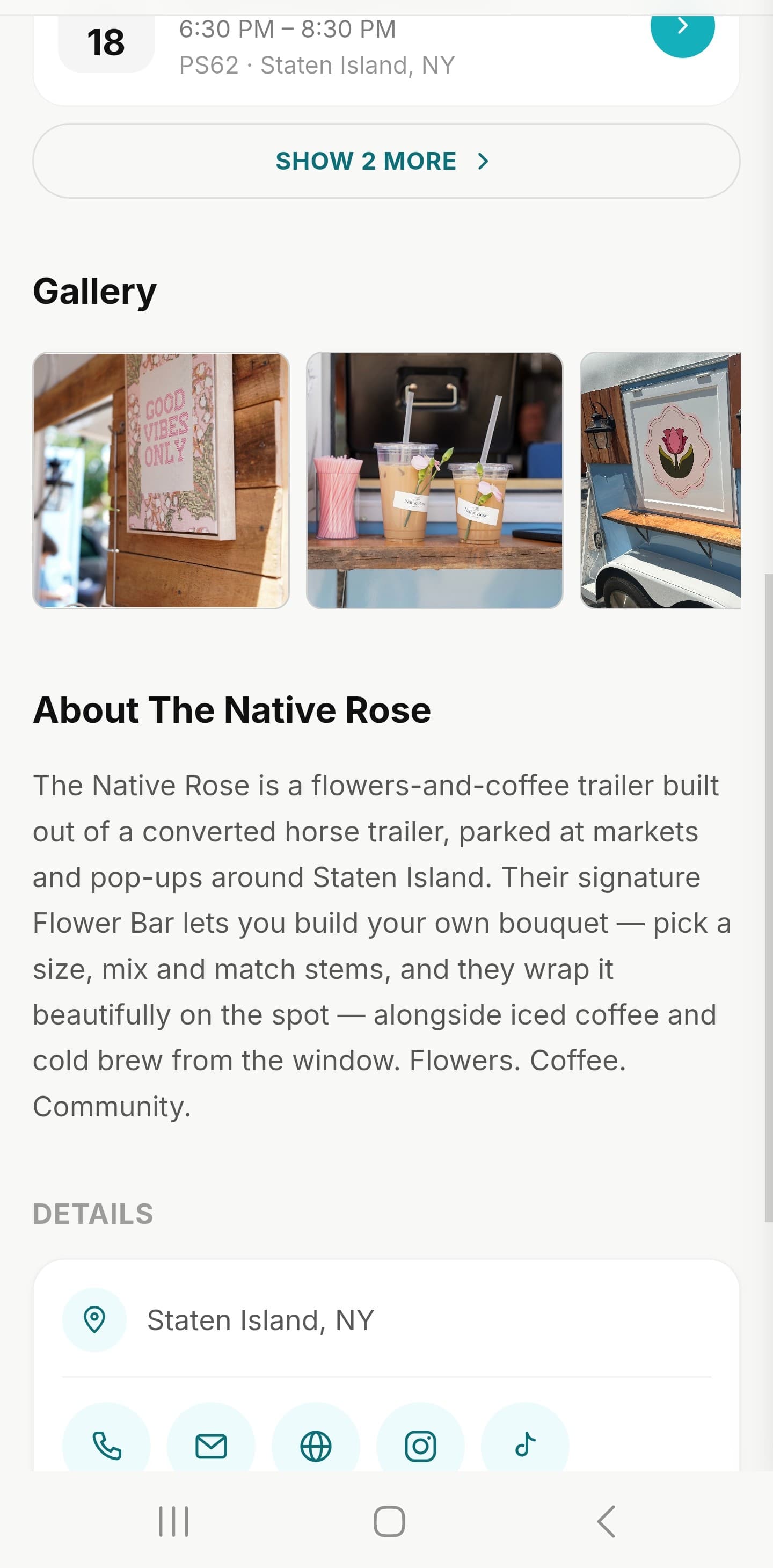 The Native Rose's Gallery, About section, and contact details
